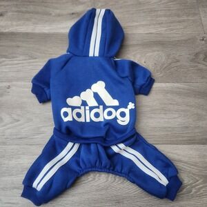 Adidog Dog Hoodie Tracksuit 4 Leg Outfit Size Small Blue Pet Clothes Apparel